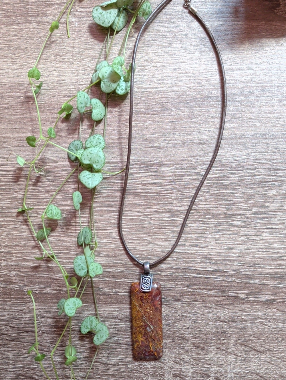 Brown Jasper Rectangle Pendant Necklace On Brown Leather Cord